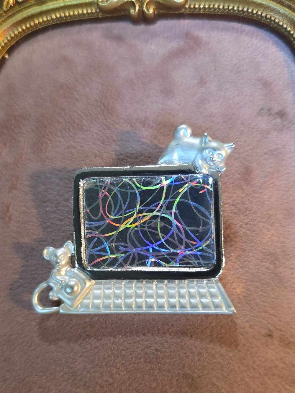 Vintage L. Razza Cat & Mouse Laptop Brooch Pin Holographic Screen
